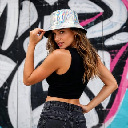 Unisex Black Bucket Hat Waterproof Rain Hat Reversible Shiny Rave Bucket Hat for Concert Festival - color: B3: Silver