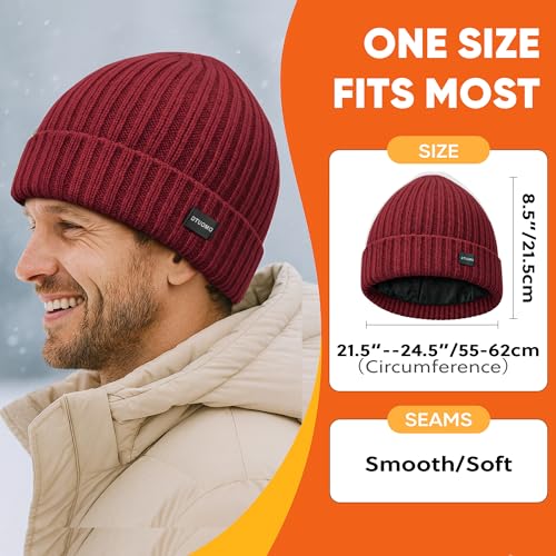 Winter Beanie Merino Wool Fleece Lined for Men Women Soft Warm Knit Hat Ski Stocking Cuffed Cap - color: Red