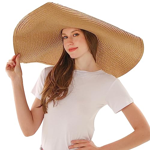 Oversized Beach Straw Sun Hats for Women Large Wide Brim Sun Visor Hat Summer Floppy Foldable Roll Up UV Protection Beach Cap - color: Khaki