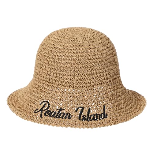 sy soul young Women's Straw Sunhat Wide Brim Hand Woven Beach Bucket Hat - color: Letter Khaki