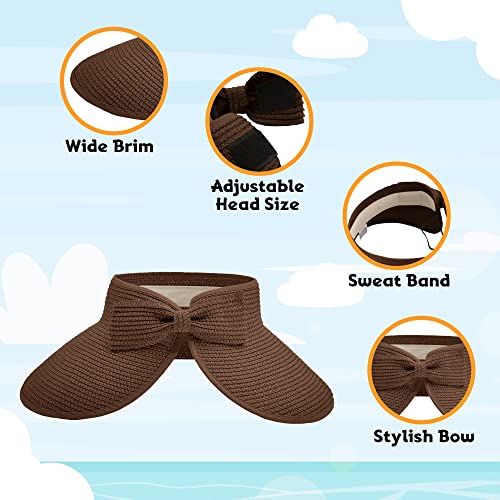 Straw Sun Visor for Women, Wide Brim UPF 50+ Protection Beach Hat, Adjustable, Roll Up Foldable Ponytail Cap with Chin Strap - color: Carmal