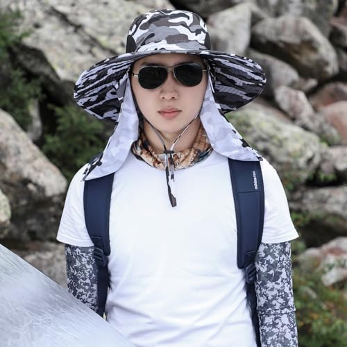 Men Women Safari Bucket Fishing Sun Hats Face Cover Neck Flap - color: Camou Gray
