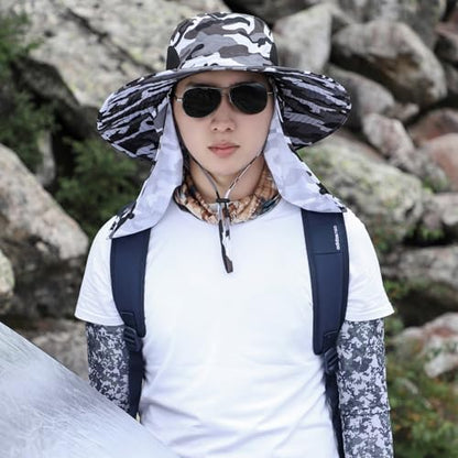 Men Women Safari Bucket Fishing Sun Hats Face Cover Neck Flap - color: Camou Gray