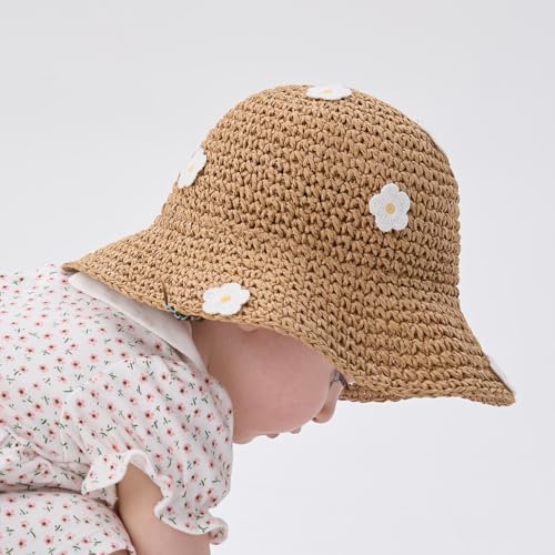 pureborn Baby Toddler Girls Straw Sun Hat Summer Beach Hat - color: Khaki Daisy, size: 6-24 Months
