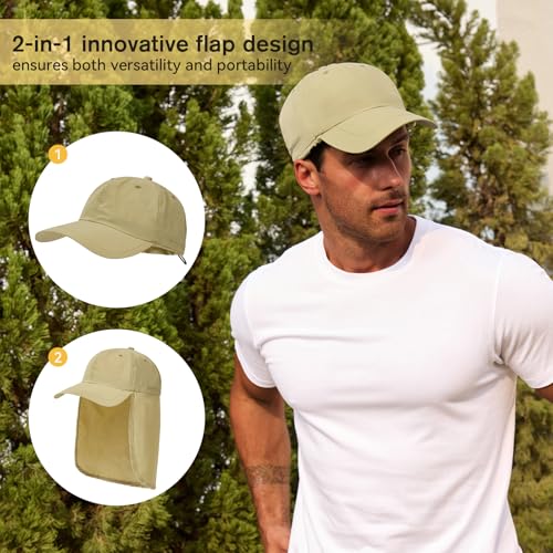 American Trends Mens Sun Hat with Neck Flap, UV Protection Outdoor Flap Hat, Packable Soft Fishing Hiking Gardening Hat - color: Khaki