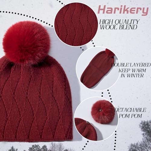 Knit Hat Scarf Set with Detachable Pom Pom, Wool Blend Winter Beanie & Long Scarf, Cold Weather Accessories for Women - color: Red