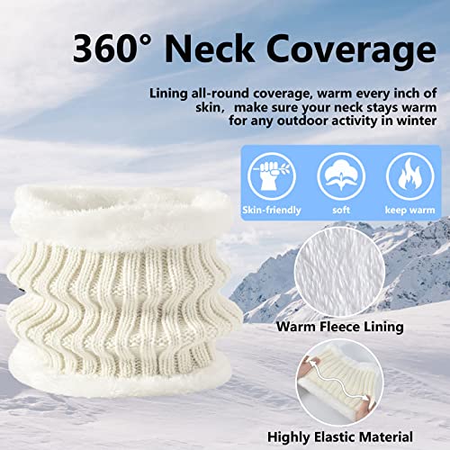 3 Pcs Women Winter Knit Beanie Hat Scarf Touchscreen Gloves Set Warm Soft Thick Fleece Lined Skull Cap with Double Pom Pom - color: White