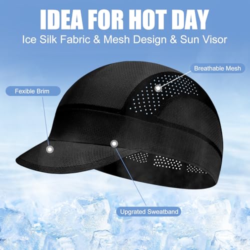 XXL Cooling Cycling Cap Skull Caps Under Helmet Mesh Hats with Sun Visor for Big Head Bike Hard Hat Liner for Men - color: Black