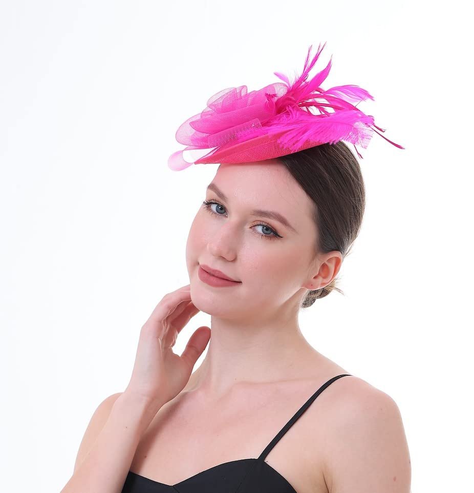 Fascinator Hat with Feather and Mesh – Floral Headpiece for Tea Party, Wedding, Cocktail Event - color: Hot Pink