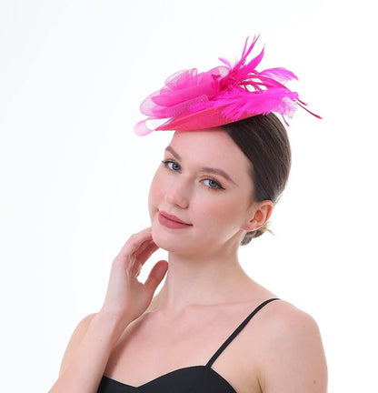 Fascinator Hat with Feather and Mesh – Floral Headpiece for Tea Party, Wedding, Cocktail Event - color: Hot Pink