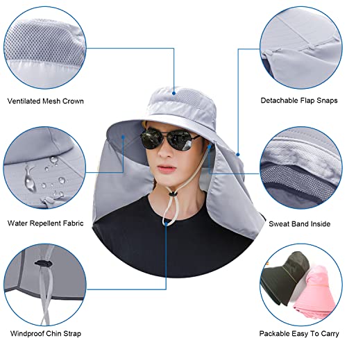 Women Wide Brim Face Mask Sun Hat Detachable Neck Face Flap Ponytail UV Protection Visor Hat Garden Fishing Hiking - color: Bg9215-lightgray