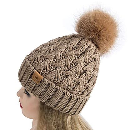 PAGE ONE Womens Winter Ribbed Beanie Crossed Cap Chunky Cable Knit Pompom Soft Warm Hat - color: Khaki