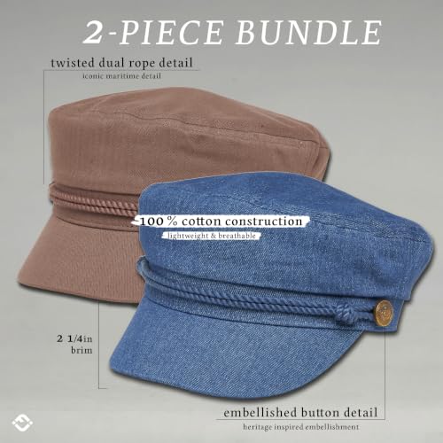 Funky Junque Greek Fisherman Newsboy Cap, Cotton Captains Bakerboy Hat - color: 2 Pack - Brown & Denim