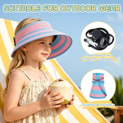 Girls Sun Visor Hat with Ponytail Hole Wide Brim Beach Straw Visor UPF 50+ - color: 1pack-sea Blue Pink