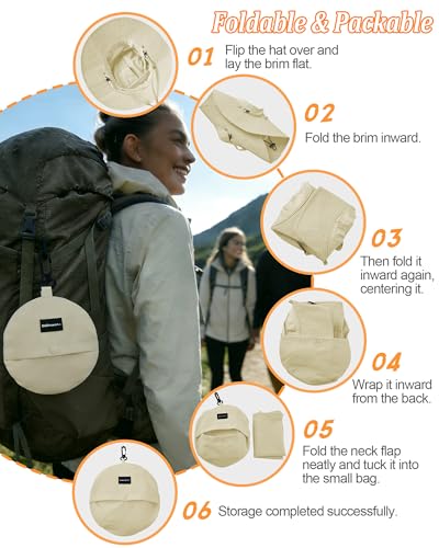Womens Sun Hat Outdoor UV Protection Foldable Packable Bucket Hat with Detachable Neck Flap Beach Fishing Hiking - color: Beige