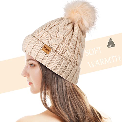 REDESS Women Winter Pompom Beanie Hat with Warm Fleece Lined Thick Slouchy Snow Knit Hat Skull Ski Cap - color: Beige