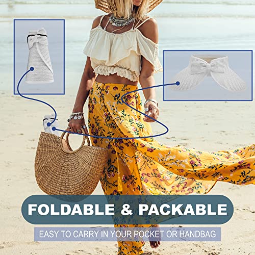 Straw Sun Visor for Women, Wide Brim UPF 50+ Protection Beach Hat, Adjustable, Roll Up Foldable Ponytail Cap with Chin Strap - color: White