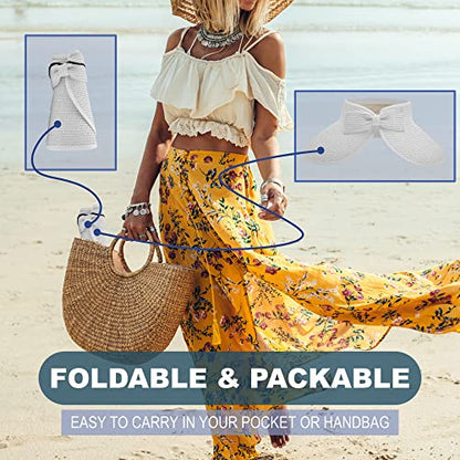Straw Sun Visor for Women, Wide Brim UPF 50+ Protection Beach Hat, Adjustable, Roll Up Foldable Ponytail Cap with Chin Strap - color: White