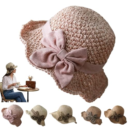 Elegant Woven Straw Sun Hat with Bow, Summer Beach Sun Straw Hats for Women, Foldable Wide Brim Floppy Beach - color: Pink