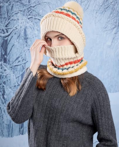 HUAMULAN Women Winter Knit Beanie Hats One Piece Fleece Lined Balaclavas - color: Beige + Colorful Stripe