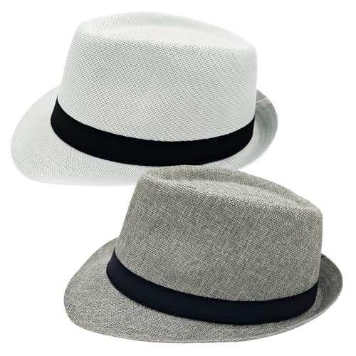 2 Pack Short Brim Fedora Classic 20s Trilby Panama Hats Summer Travel Cap for Men Women - color: White + Light Gray, size: Medium-Large