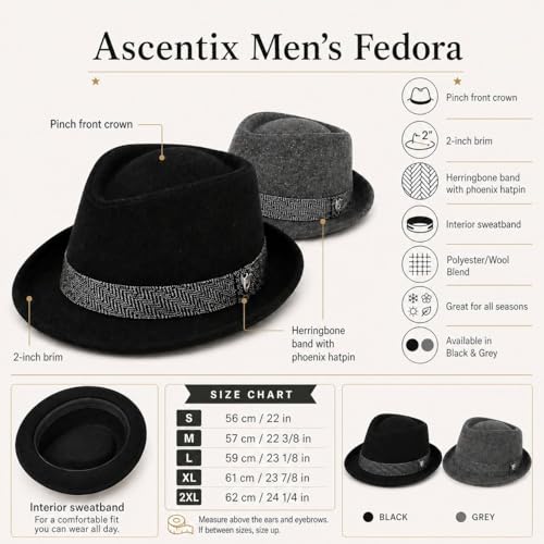 Men’s Fedora, 2” Brim, Classic Wool Blend with Herringbone Band - color: Grey, size: Medium