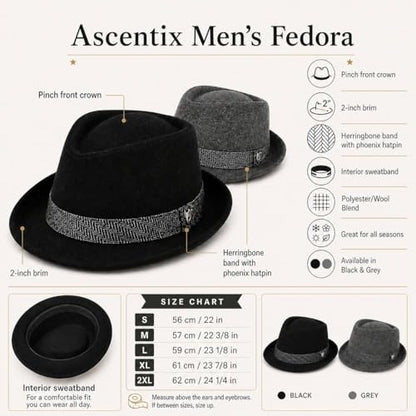 Men’s Fedora, 2” Brim, Classic Wool Blend with Herringbone Band - color: Black, size: Small
