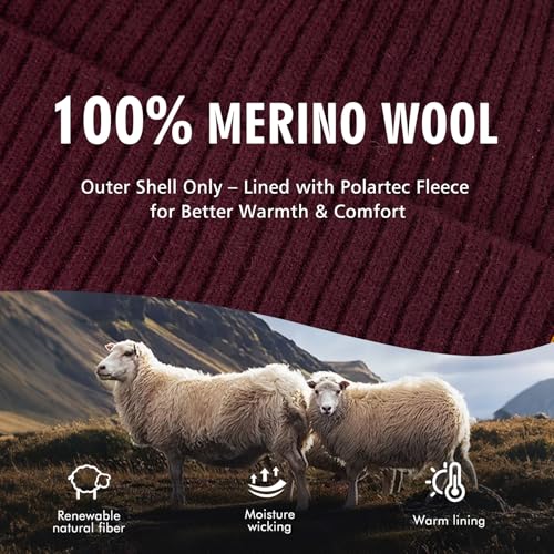 TOP-EX 100% Australian Merino Beanie, S/M-XL/XXL, Polartec Fleece Lined - color: Te94586_red, size: Medium-Large