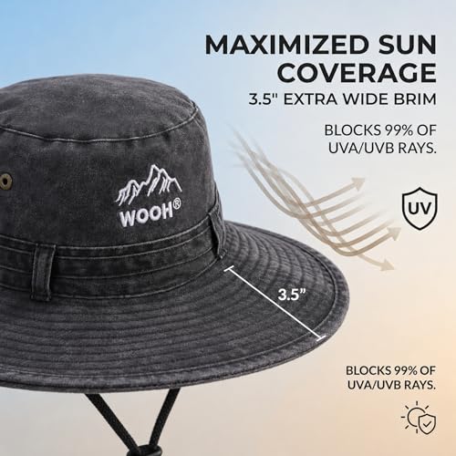 WOOH Sun Hats for Women,UPF80+ Wide Brim Summer Bucket Hat with Adjustable Drawstring,Packable Outdoor Hat for Beach Hiking - color: Black