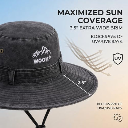 WOOH Sun Hats for Women,UPF80+ Wide Brim Summer Bucket Hat with Adjustable Drawstring,Packable Outdoor Hat for Beach Hiking - color: Black