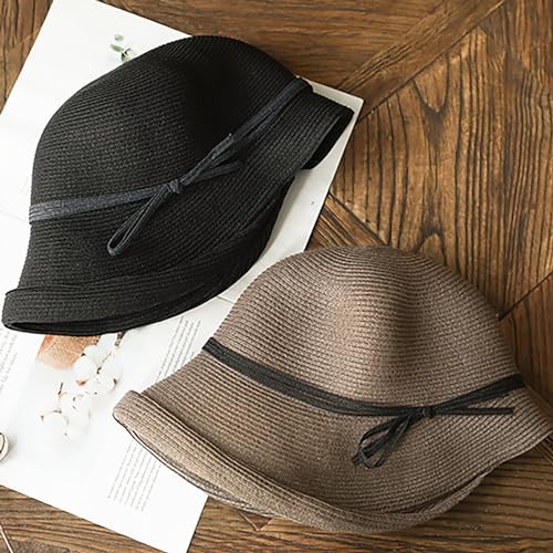 CORIRESHA Women's Vintage 1920s Audrey Hepburn Hat Bow Straw Cloche Beach Sun Cap - color: Black