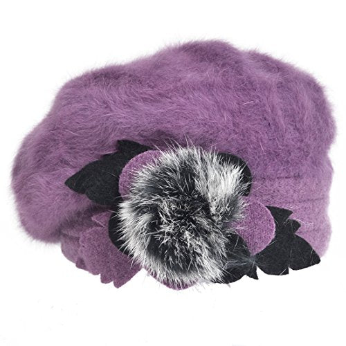 VECRY Lady French Beret 100% Wool Beret Floral Dress Beanie Winter Hat - color: Angola-purple