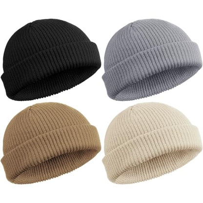 SATINIOR 4 Pieces Trawler Beanie Watch Hat Roll up Edge Skullcap Fisherman Beanie Unisex - color: Black, Light Gray, Khaki, Beige, size: One Size