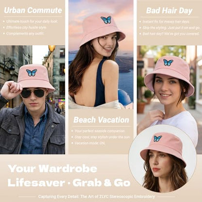 ZLYC Cotton Bucket Hat for Women Men Embroidered Packable Summer Sun Cap - color: Butterfly Pink