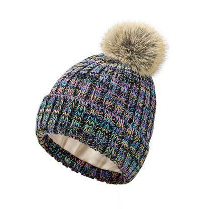 Zando Women's Satin Lined Beanie with Faux Fur Pom Pom - color: Black Mixed Yarn
