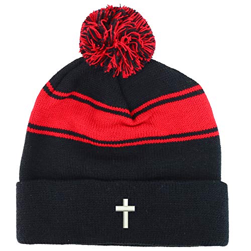 Trendy Apparel Shop Cross Embroidered Two Tone Pom Striped Long Beanie Hat - color: Black Red