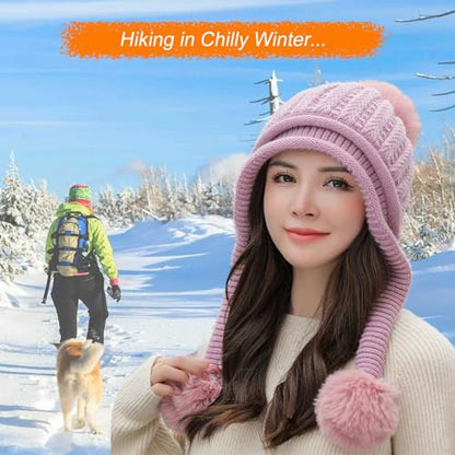 HUAMULAN Women Winter Knit Beanie Hat Circle Scarf Set Pompoms Ear Flaps - color: Mauve Pink