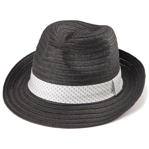 LADYBRO Straw Trilby Hat for Men Summer Sun Fedoras Beach Panama Adjustable - color: 002 Black, size: Medium-Large
