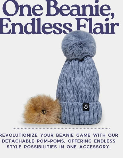 Funky Junque Women’s Winter Detachable Pom Beanie – Warm Knit Hat with Removable Faux Fur Pom, Soft Stretch Acrylic Cozy Cap - color: Denim