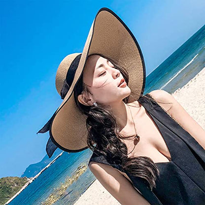 FSIGOM Women's Folable Floppy Hat,Wide Brim Sun Protection Straw Hat, Summer UV Protection Beach Cap - color: Beige/Black, size: Large