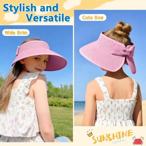 ZOORON Girls Straw Sun Visor Hat, Wide Brim Ponytail Beach Hat with Bow - color: Pink