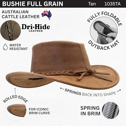 1035 Full Grain - Australian Cattle Leather Cowboy Hat - Foldable, Lightweight, Durable, Water Resistant - color: Tan, size: X-Large
