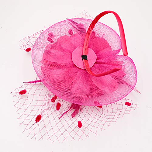 ACTLATI Fascinators Hat for Women Tea Party Headpiece Wedding Cocktail Flower Mesh Feathers Hair Clip 20s Flapper Fascinators - color: A10-rose Red