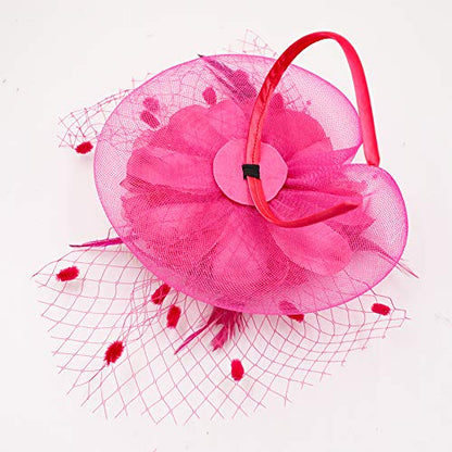 ACTLATI Fascinators Hat for Women Tea Party Headpiece Wedding Cocktail Flower Mesh Feathers Hair Clip 20s Flapper Fascinators - color: A10-rose Red