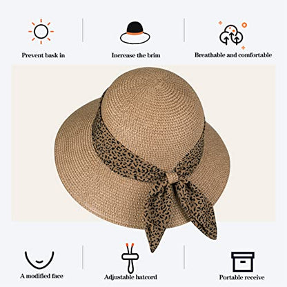 Womens Straw Sun Hat Summer Beach Wide Brim UV Protection Hats with Chin Strap Floppy Foldable Cute Bowknot UPF 50 Cap - color: Leopard Khaki