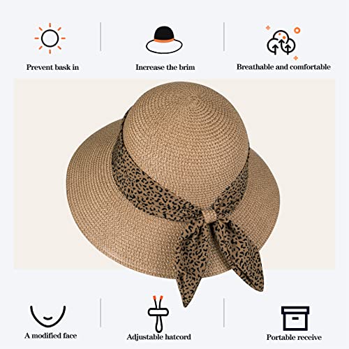 Womens Straw Sun Hat Summer Beach Wide Brim UV Protection Hats with Chin Strap Floppy Foldable Cute Bowknot UPF 50 Cap - color: Leopard Khaki