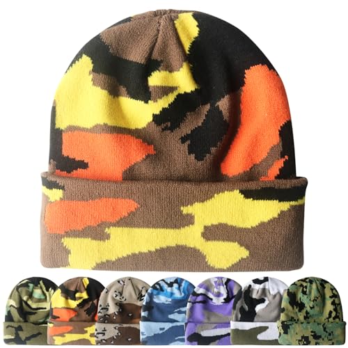 PFFY Beanie for Men Women Unisex Knit Cuffed Winter Beanies Hats Skull Cap - color: Camo Orange