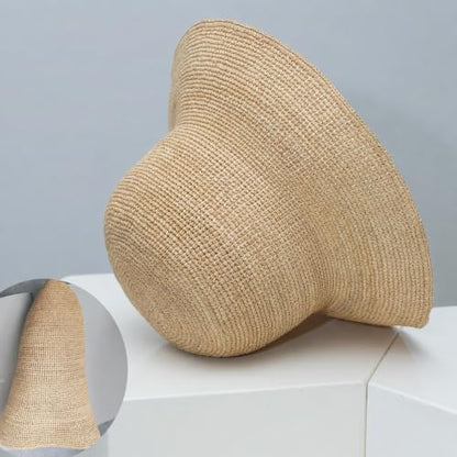 Natural Raffia Straw Bucket Hat for Women Sun Beach Handmade Raffia Woven Bucket Hat Foldable Summer Cap - color: Natural Raffia 3.1“8cm