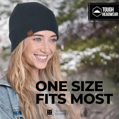Tough Headwear Ribbed Beanie Hat - Stretch Fit Beanie for Women - Knit Winter Hats for Men - Breathable Knit Caps - color: Black + Dark Grey