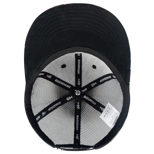 BASSDASH Flat Brim Trucker Cap Adjustable Snapback Hat Mesh Back for Men Women - color: Black/Tropical Flower